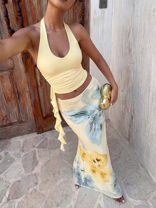 Aloruh Women's Summer Vacation Outfit: Tropical Floral Print Draped Neck Crop Top And Mermaid Ruffle Skirt Sexy Set. Summer Beachwear, Bohemian Tropical Vacation Women's Wear, Floral Mesh Women's Beachwear, Yellow Floral Print Set, Resort Wear, Vacationco