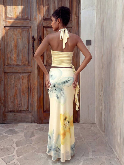 Aloruh Women's Summer Vacation Outfit: Tropical Floral Print Draped Neck Crop Top And Mermaid Ruffle Skirt Sexy Set. Summer Beachwear, Bohemian Tropical Vacation Women's Wear, Floral Mesh Women's Beachwear, Yellow Floral Print Set, Resort Wear, Vacationco