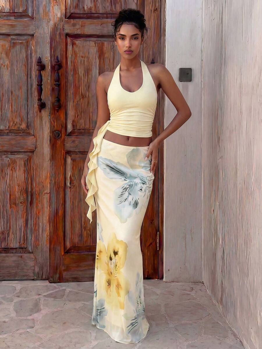 Aloruh Women's Summer Vacation Outfit: Tropical Floral Print Draped Neck Crop Top And Mermaid Ruffle Skirt Sexy Set. Summer Beachwear, Bohemian Tropical Vacation Women's Wear, Floral Mesh Women's Beachwear, Yellow Floral Print Set, Resort Wear, Vacationco