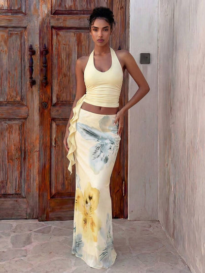 Aloruh Women's Summer Vacation Outfit: Tropical Floral Print Draped Neck Crop Top And Mermaid Ruffle Skirt Sexy Set. Summer Beachwear, Bohemian Tropical Vacation Women's Wear, Floral Mesh Women's Beachwear, Yellow Floral Print Set, Resort Wear, Vacationco