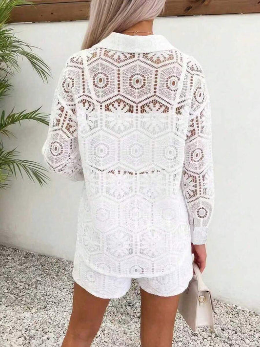 2pcs/Set Women's Casual Vacation White Lace Outfit, Long Sleeve Hollow Loose Top Paired With Elastic Waist Shorts, Elegant Beach Cover-Up Summer, Resort Wear