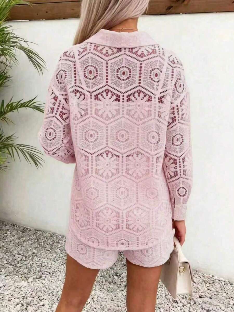 2pcs/Set Women's Casual Vacation White Lace Outfit, Long Sleeve Hollow Loose Top Paired With Elastic Waist Shorts, Elegant Beach Cover-Up Summer, Resort Wear