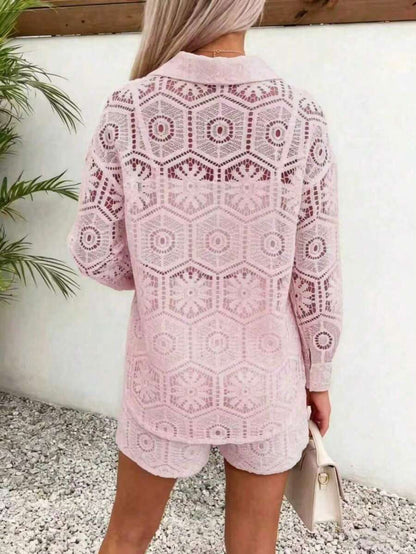 2pcs/Set Women's Casual Vacation White Lace Outfit, Long Sleeve Hollow Loose Top Paired With Elastic Waist Shorts, Elegant Beach Cover-Up Summer, Resort Wear