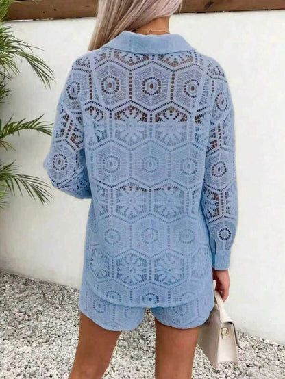 2pcs/Set Women's Casual Vacation White Lace Outfit, Long Sleeve Hollow Loose Top Paired With Elastic Waist Shorts, Elegant Beach Cover-Up Summer, Resort Wear