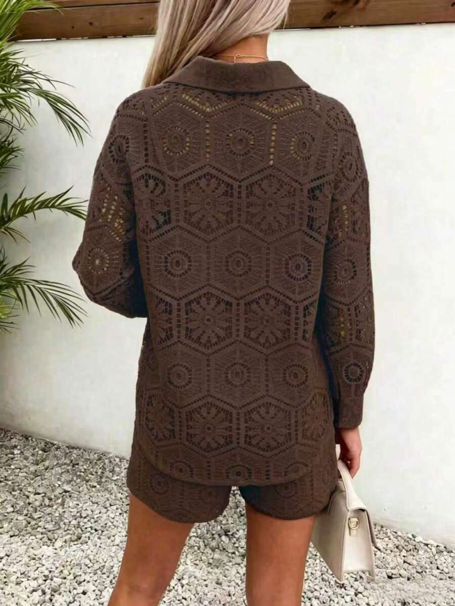 2pcs/Set Women's Casual Vacation White Lace Outfit, Long Sleeve Hollow Loose Top Paired With Elastic Waist Shorts, Elegant Beach Cover-Up Summer, Resort Wear
