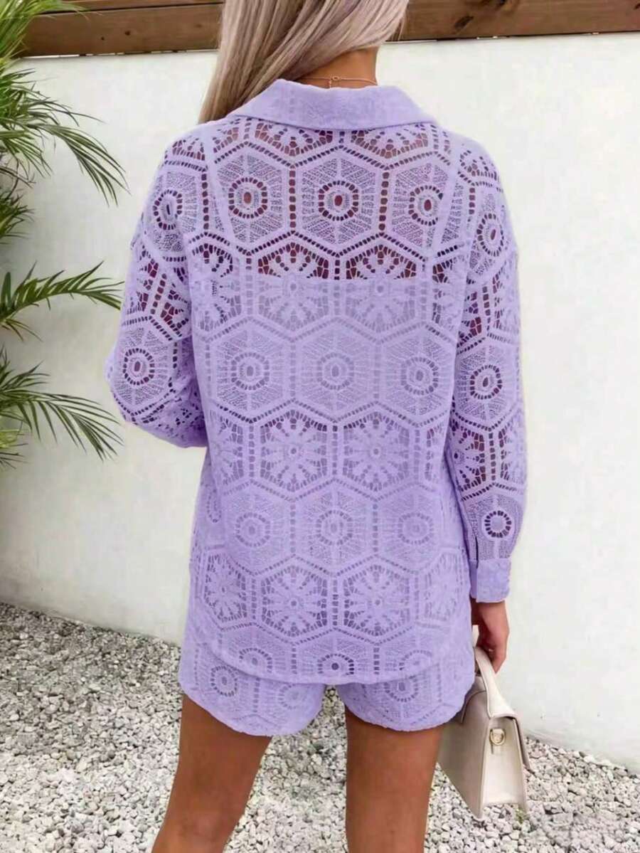 2pcs/Set Women's Casual Vacation White Lace Outfit, Long Sleeve Hollow Loose Top Paired With Elastic Waist Shorts, Elegant Beach Cover-Up Summer, Resort Wear