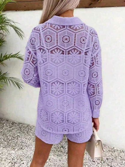 2pcs/Set Women's Casual Vacation White Lace Outfit, Long Sleeve Hollow Loose Top Paired With Elastic Waist Shorts, Elegant Beach Cover-Up Summer, Resort Wear