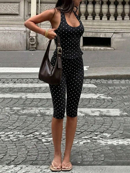 Women's 2-Piece Summer Y2K Set, Polka Dot Deep V Halter Tie-Up Fitted Top & 3/4 Pants, Suitable For Outings, Street Style And Music Festivals Elegant