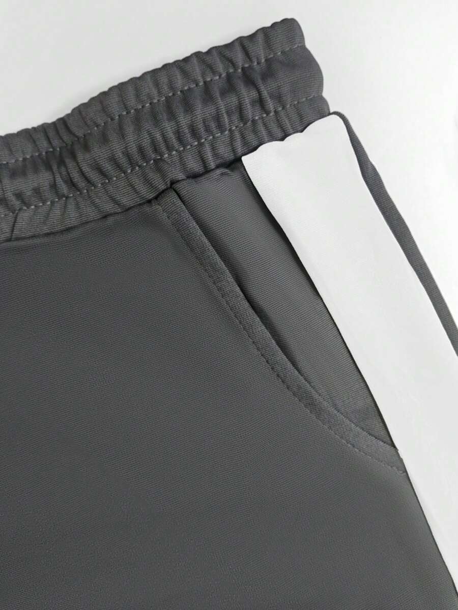 Spring/Summer Women's Casual Matching Contrast Color Round Neck Short Sleeve Top And High Waist Drawstring Straight Leg Pants 2 Pieces Set Elegant