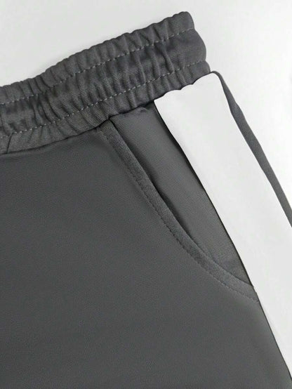 Spring/Summer Women's Casual Matching Contrast Color Round Neck Short Sleeve Top And High Waist Drawstring Straight Leg Pants 2 Pieces Set Elegant