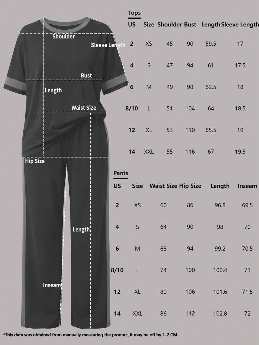 Spring/Summer Women's Casual Matching Contrast Color Round Neck Short Sleeve Top And High Waist Drawstring Straight Leg Pants 2 Pieces Set Elegant