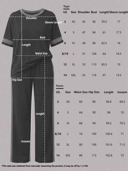 Spring/Summer Women's Casual Matching Contrast Color Round Neck Short Sleeve Top And High Waist Drawstring Straight Leg Pants 2 Pieces Set Elegant