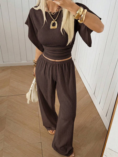 SHEIN EZwear Women's Solid Color Pleated Top And Elastic Waist Long Pants Casual Daily Set Brunch Dark Brown Summer