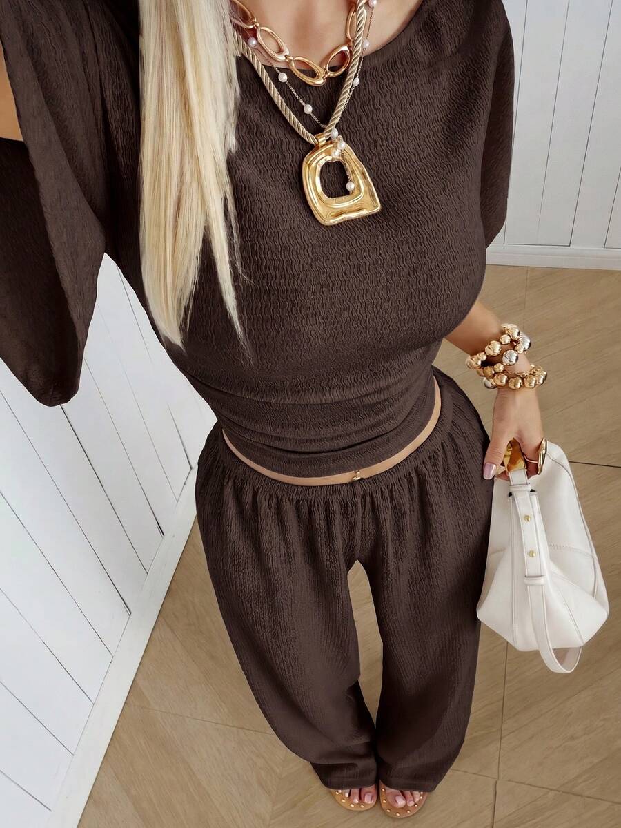 SHEIN EZwear Women's Solid Color Pleated Top And Elastic Waist Long Pants Casual Daily Set Brunch Dark Brown Summer