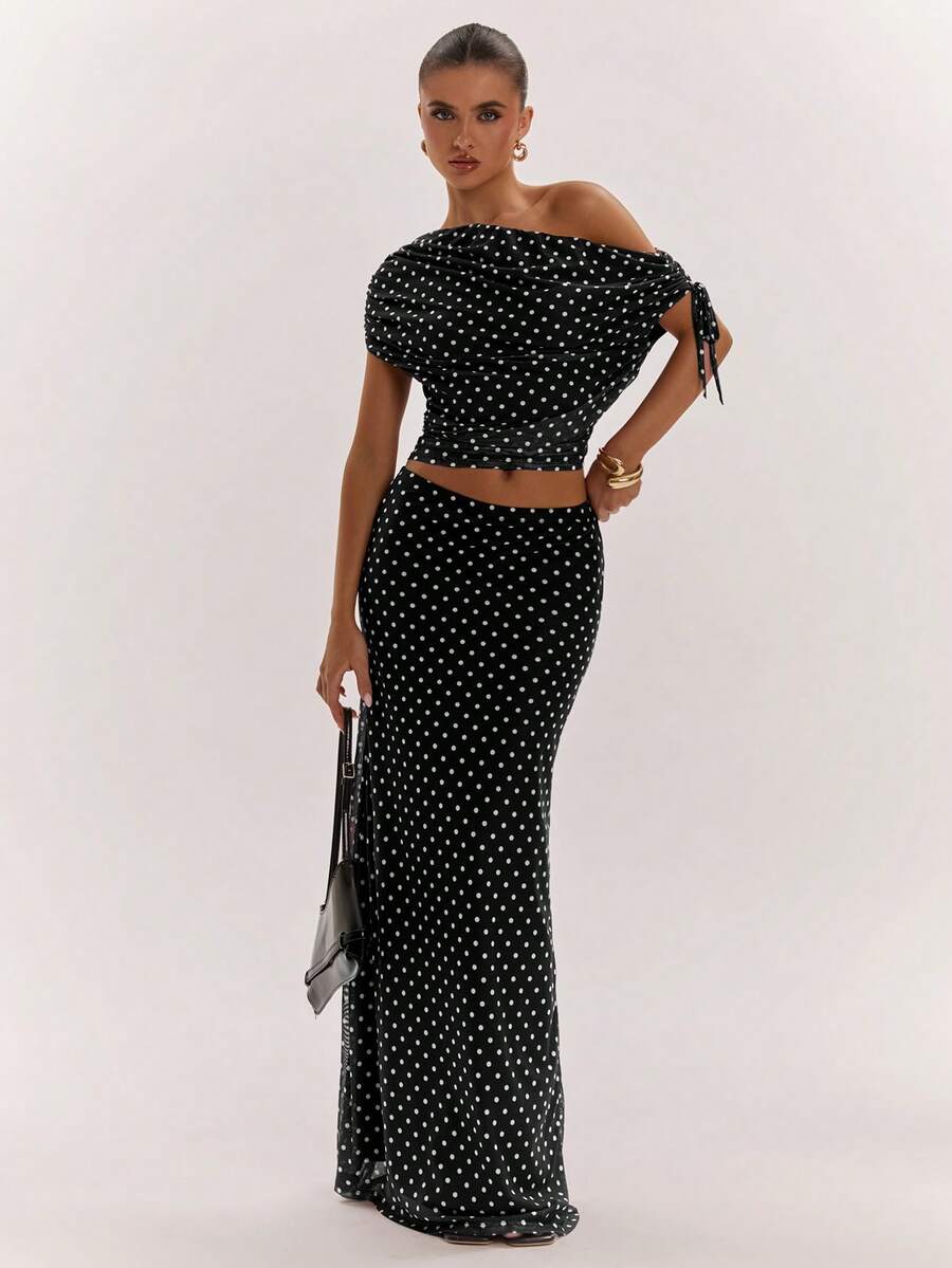SHEIN BAE Women's Solid Color Asymmetrical Neck Top And Skirt Casual 2 Pieces Set