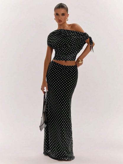 SHEIN BAE Women's Solid Color Asymmetrical Neck Top And Skirt Casual 2 Pieces Set