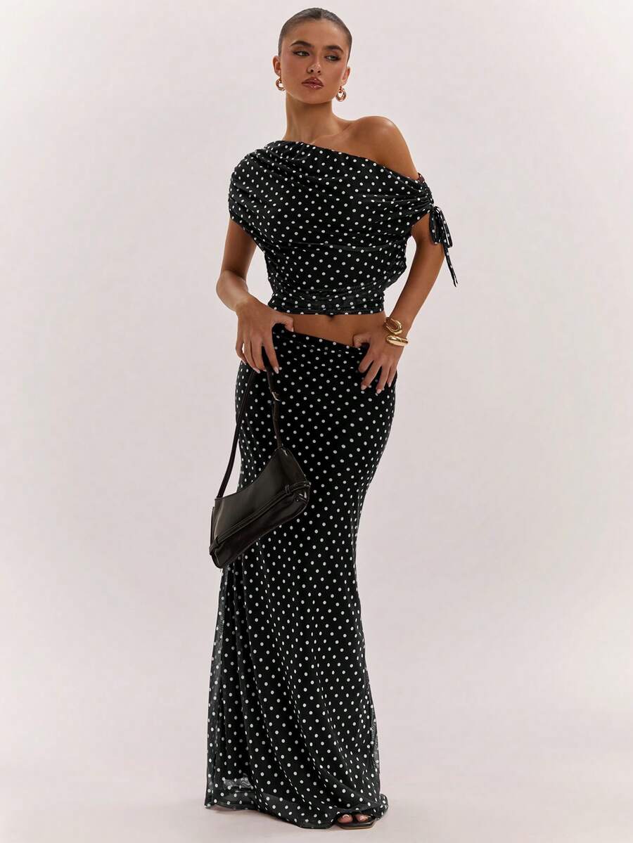 SHEIN BAE Women's Solid Color Asymmetrical Neck Top And Skirt Casual 2 Pieces Set