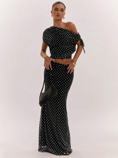 SHEIN BAE Women's Solid Color Asymmetrical Neck Top And Skirt Casual 2 Pieces Set