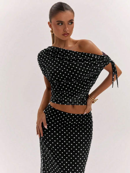 SHEIN BAE Women's Solid Color Asymmetrical Neck Top And Skirt Casual 2 Pieces Set
