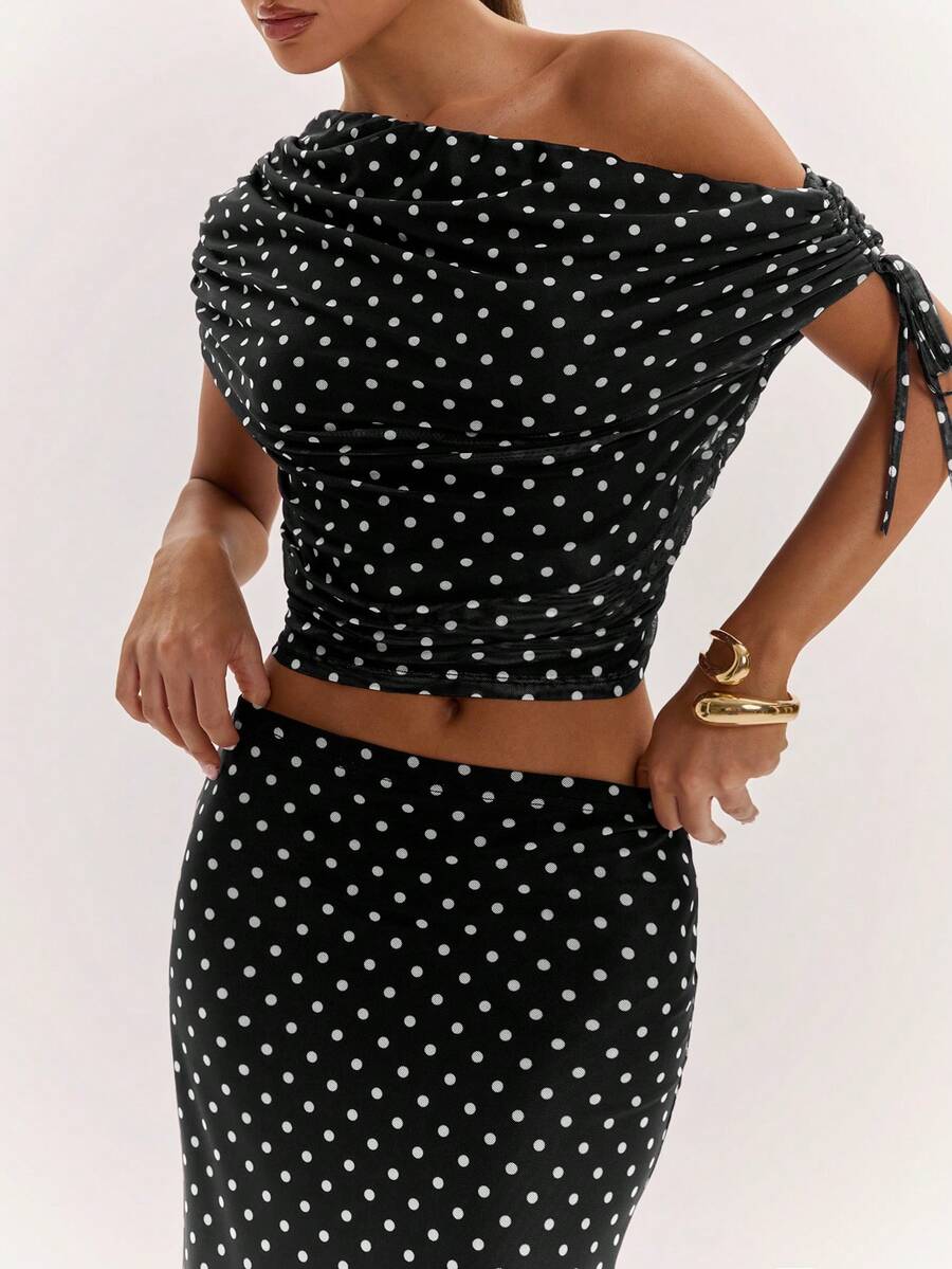 SHEIN BAE Women's Solid Color Asymmetrical Neck Top And Skirt Casual 2 Pieces Set