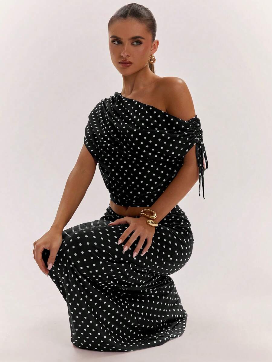 SHEIN BAE Women's Solid Color Asymmetrical Neck Top And Skirt Casual 2 Pieces Set