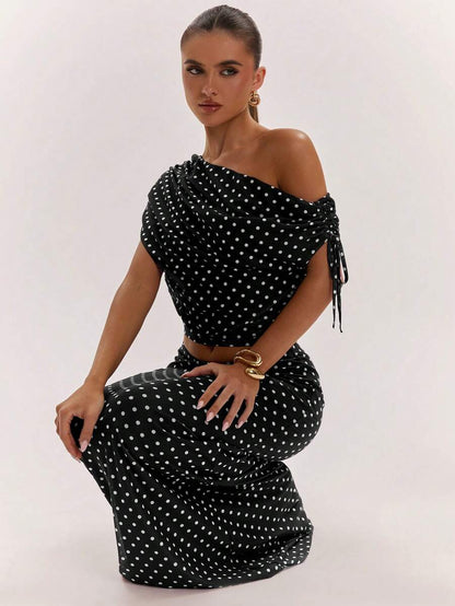 SHEIN BAE Women's Solid Color Asymmetrical Neck Top And Skirt Casual 2 Pieces Set