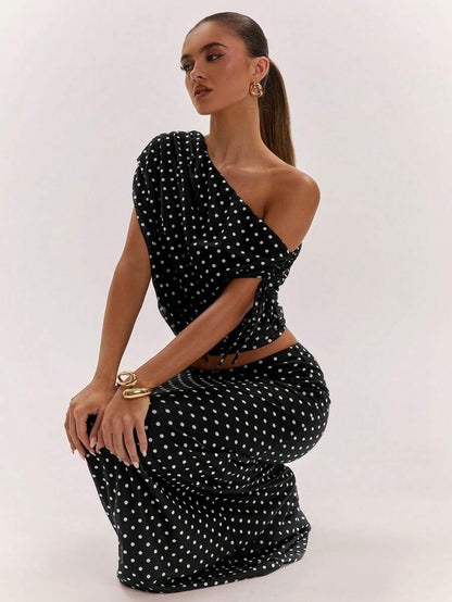 SHEIN BAE Women's Solid Color Asymmetrical Neck Top And Skirt Casual 2 Pieces Set