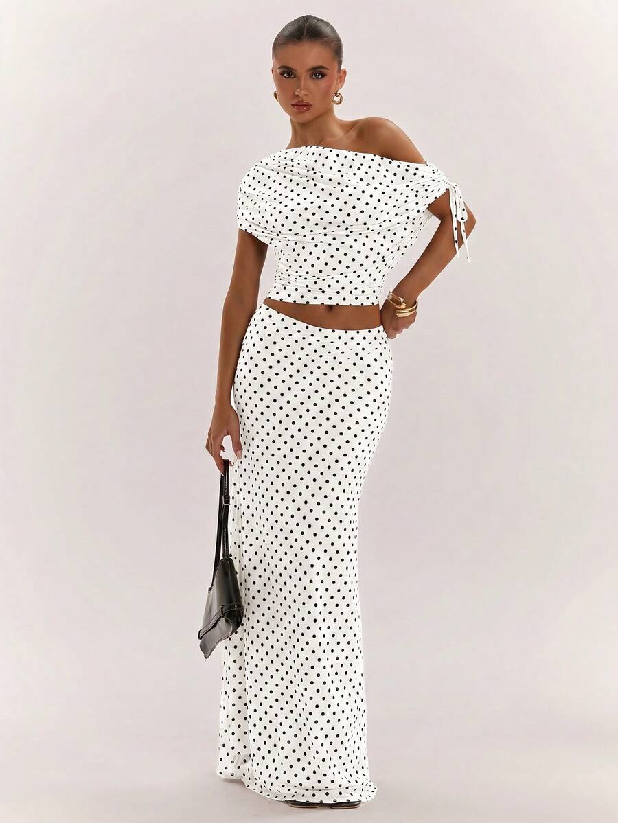 SHEIN BAE Women's Solid Color Asymmetrical Neck Top And Skirt Casual 2 Pieces Set
