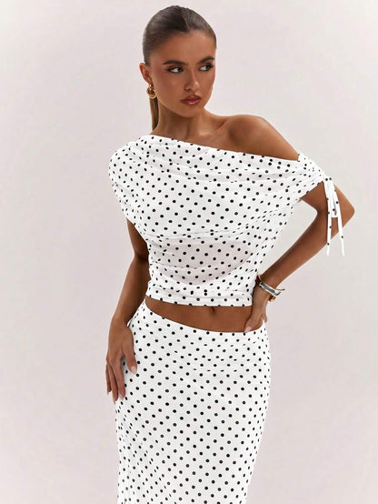 SHEIN BAE Women's Solid Color Asymmetrical Neck Top And Skirt Casual 2 Pieces Set