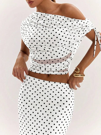SHEIN BAE Women's Solid Color Asymmetrical Neck Top And Skirt Casual 2 Pieces Set