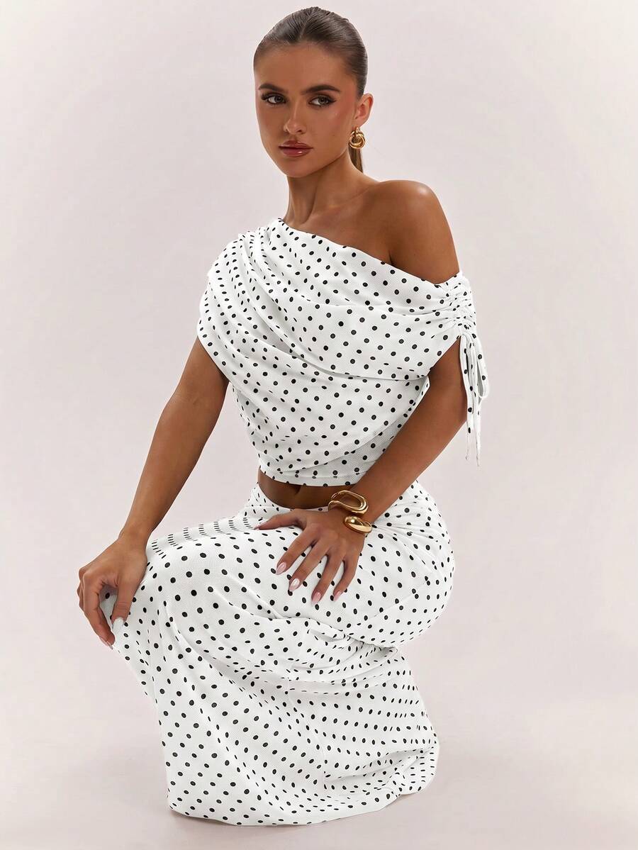 SHEIN BAE Women's Solid Color Asymmetrical Neck Top And Skirt Casual 2 Pieces Set