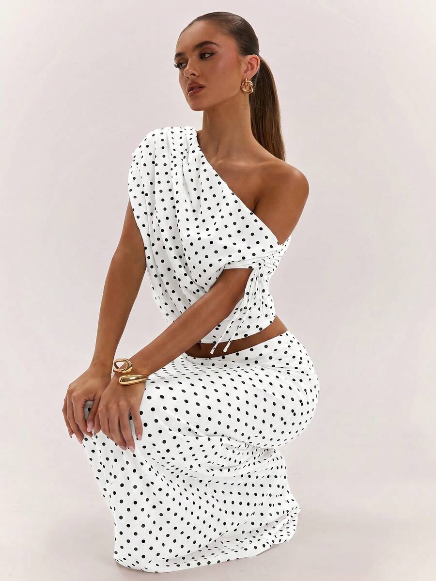 SHEIN BAE Women's Solid Color Asymmetrical Neck Top And Skirt Casual 2 Pieces Set