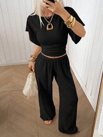 SHEIN EZwear Women's Solid Color Pleated Top And Elastic Waist Long Pants Casual Daily Set Brunch Dark Brown Summer