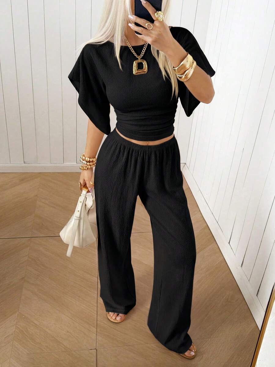 SHEIN EZwear Women's Solid Color Pleated Top And Elastic Waist Long Pants Casual Daily Set Brunch Dark Brown Summer