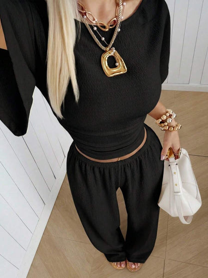 SHEIN EZwear Women's Solid Color Pleated Top And Elastic Waist Long Pants Casual Daily Set Brunch Dark Brown Summer