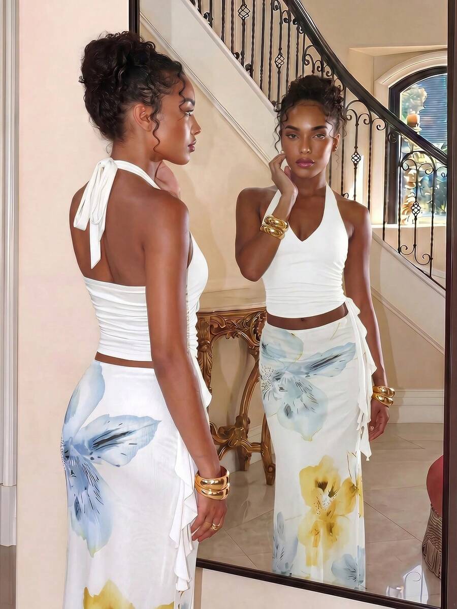 Aloruh Women's Summer Vacation Outfit: Tropical Floral Print Draped Neck Crop Top And Mermaid Ruffle Skirt Sexy Set. Summer Beachwear, Bohemian Tropical Vacation Women's Wear, Floral Mesh Women's Beachwear, Yellow Floral Print Set, Resort Wear, Vacationco