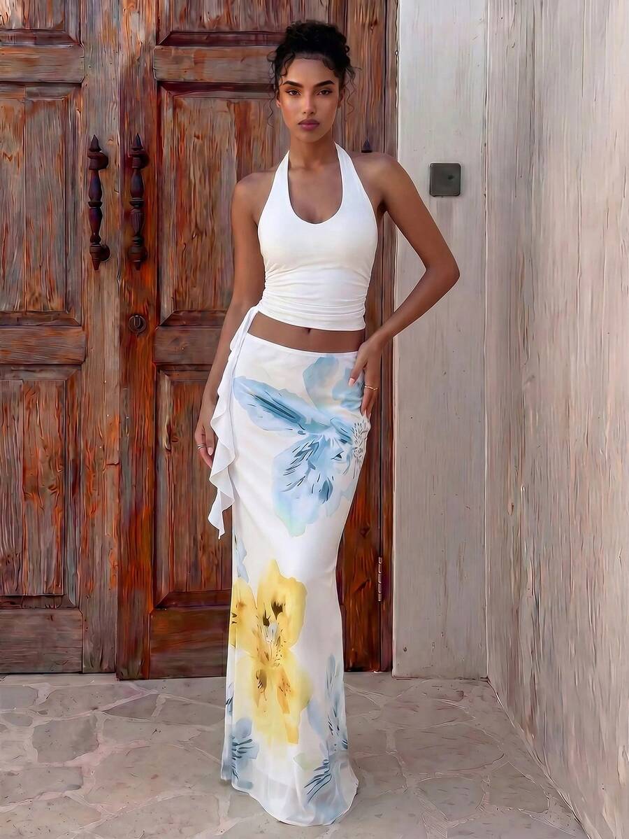 Aloruh Women's Summer Vacation Outfit: Tropical Floral Print Draped Neck Crop Top And Mermaid Ruffle Skirt Sexy Set. Summer Beachwear, Bohemian Tropical Vacation Women's Wear, Floral Mesh Women's Beachwear, Yellow Floral Print Set, Resort Wear, Vacationco