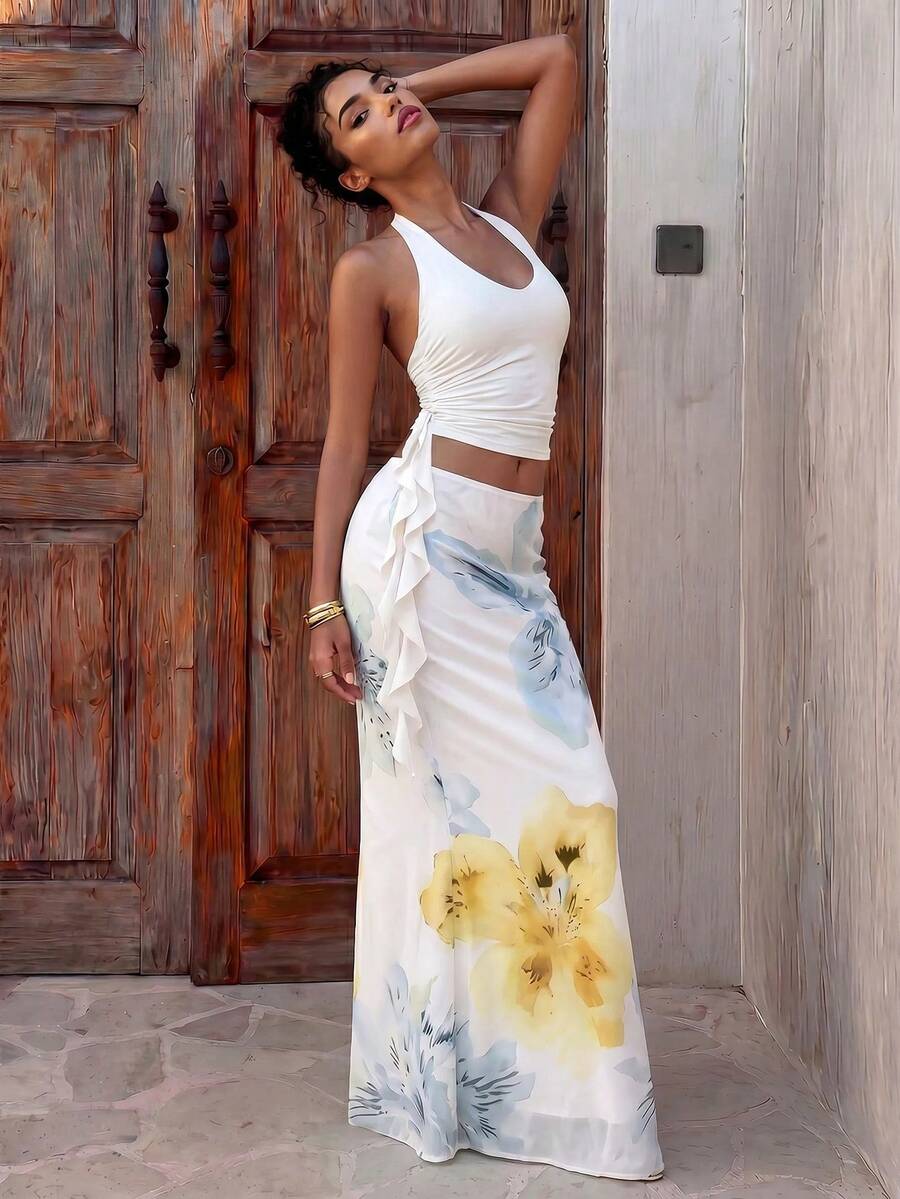 Aloruh Women's Summer Vacation Outfit: Tropical Floral Print Draped Neck Crop Top And Mermaid Ruffle Skirt Sexy Set. Summer Beachwear, Bohemian Tropical Vacation Women's Wear, Floral Mesh Women's Beachwear, Yellow Floral Print Set, Resort Wear, Vacationco