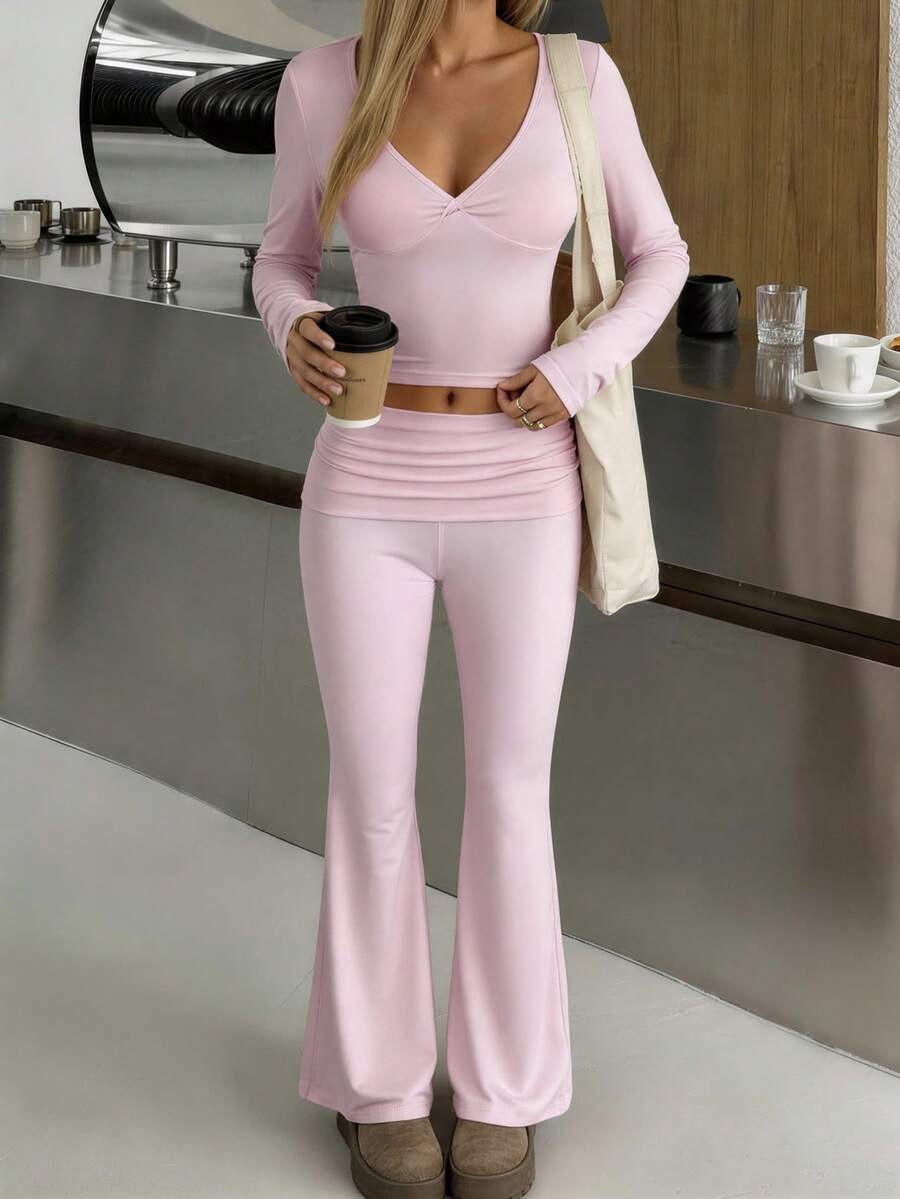 NOIRLYN Women's Autumn/Winter Y2K Casual 2 Pieces Set Sexy Solid Color V-Neck Long Sleeve T-Shirt + High Waist Slim Fit Flare Pants Elegant