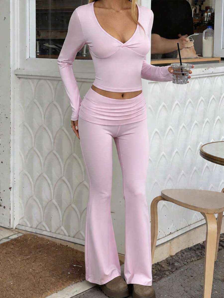 NOIRLYN Women's Autumn/Winter Y2K Casual 2 Pieces Set Sexy Solid Color V-Neck Long Sleeve T-Shirt + High Waist Slim Fit Flare Pants Elegant
