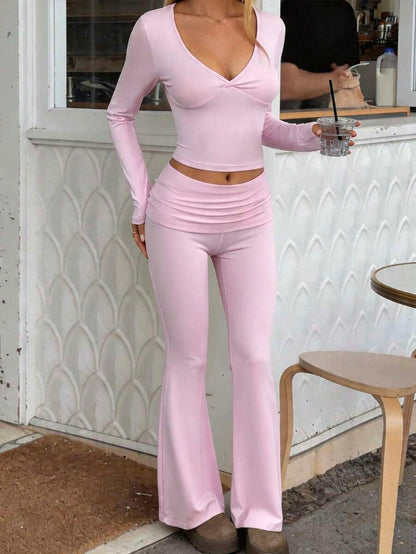 NOIRLYN Women's Autumn/Winter Y2K Casual 2 Pieces Set Sexy Solid Color V-Neck Long Sleeve T-Shirt + High Waist Slim Fit Flare Pants Elegant