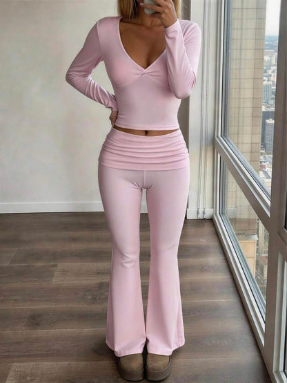 NOIRLYN Women's Autumn/Winter Y2K Casual 2 Pieces Set Sexy Solid Color V-Neck Long Sleeve T-Shirt + High Waist Slim Fit Flare Pants Elegant