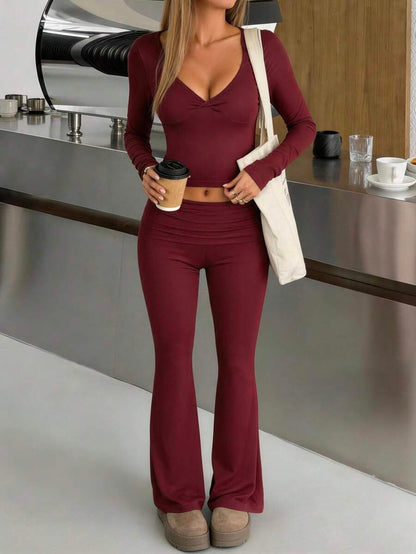 NOIRLYN Women's Autumn/Winter Y2K Casual 2 Pieces Set Sexy Solid Color V-Neck Long Sleeve T-Shirt + High Waist Slim Fit Flare Pants Elegant