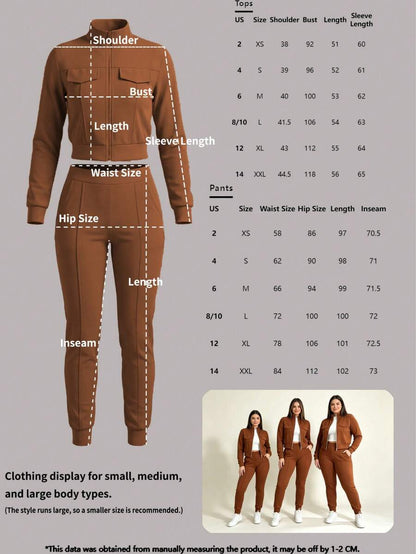 2pcs Women Set In Spring/Autumn/Winter, Minimal Solid Color Versatile Zip Up Short Jacket Tops With Elastic Waist Pocket Skinny Pants Casual Elegant