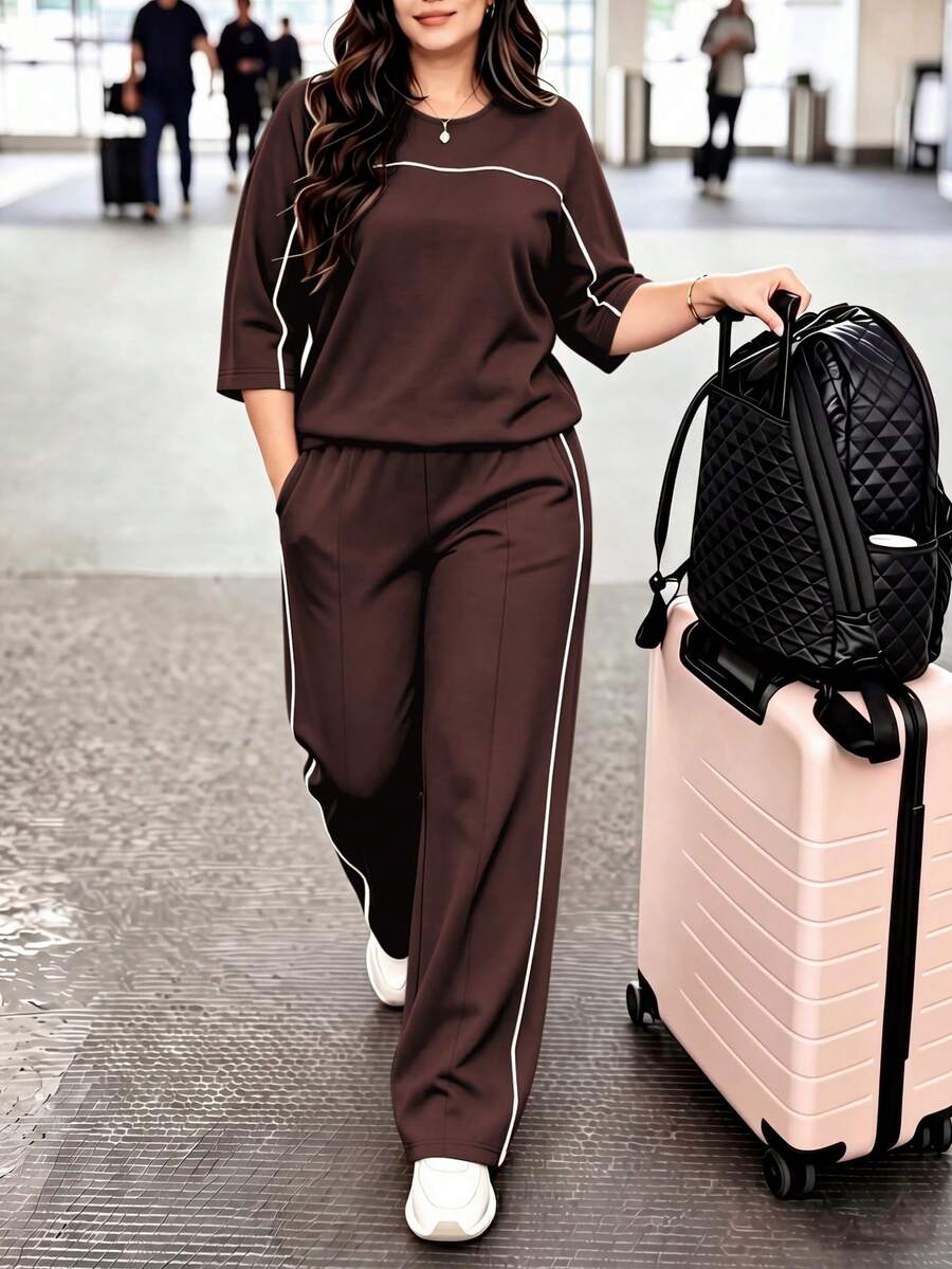 Spring/Autumn Plus Size Women's New Round Neck 3/4 Sleeve T-Shirt & Casual Daily Elastic Waist Loose Long Pants 2-Piece Set, Visual Concealing Elegant