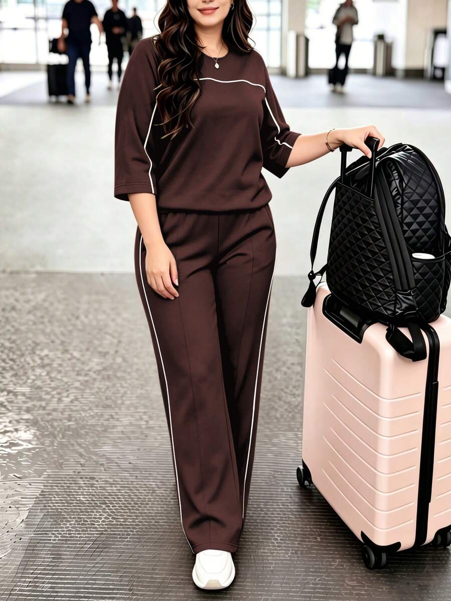 Spring/Autumn Plus Size Women's New Round Neck 3/4 Sleeve T-Shirt & Casual Daily Elastic Waist Loose Long Pants 2-Piece Set, Visual Concealing Elegant