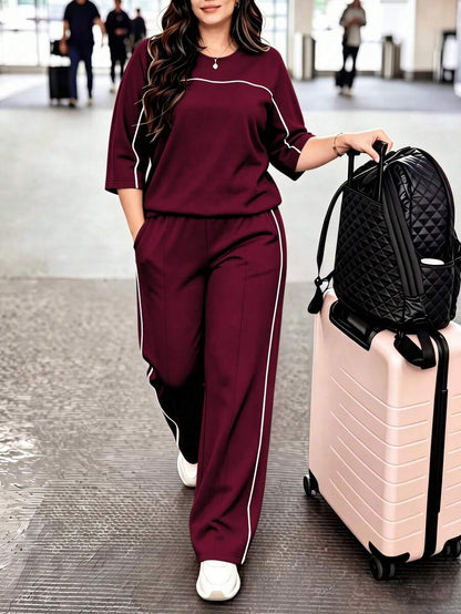Spring/Autumn Plus Size Women's New Round Neck 3/4 Sleeve T-Shirt & Casual Daily Elastic Waist Loose Long Pants 2-Piece Set, Visual Concealing Elegant