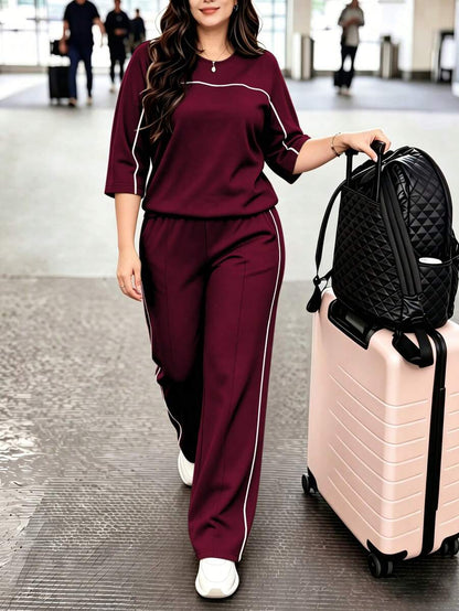 Spring/Autumn Plus Size Women's New Round Neck 3/4 Sleeve T-Shirt & Casual Daily Elastic Waist Loose Long Pants 2-Piece Set, Visual Concealing Elegant