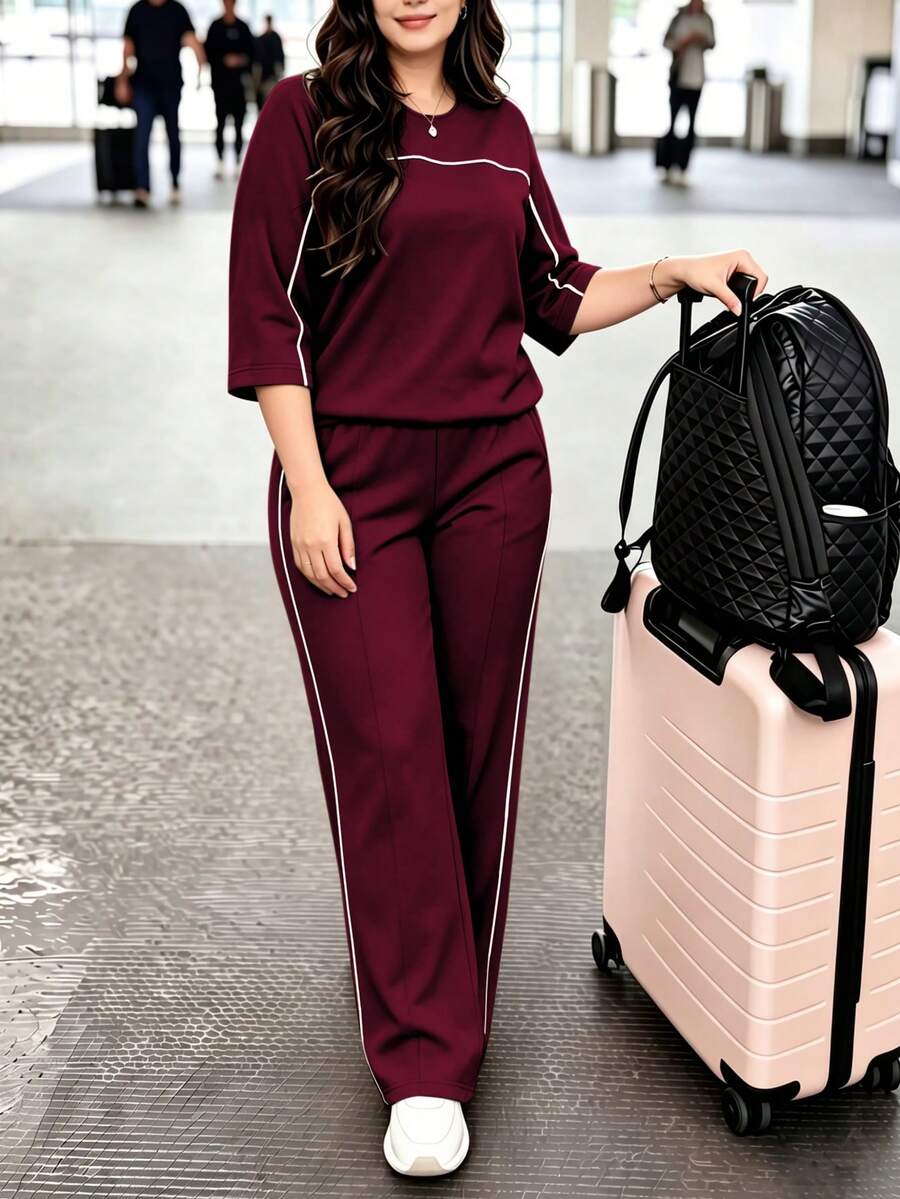 Spring/Autumn Plus Size Women's New Round Neck 3/4 Sleeve T-Shirt & Casual Daily Elastic Waist Loose Long Pants 2-Piece Set, Visual Concealing Elegant