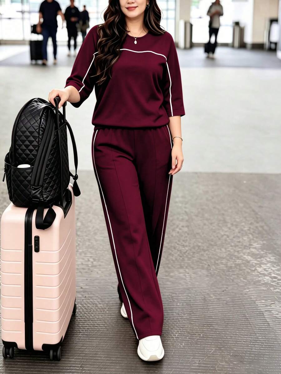 Spring/Autumn Plus Size Women's New Round Neck 3/4 Sleeve T-Shirt & Casual Daily Elastic Waist Loose Long Pants 2-Piece Set, Visual Concealing Elegant